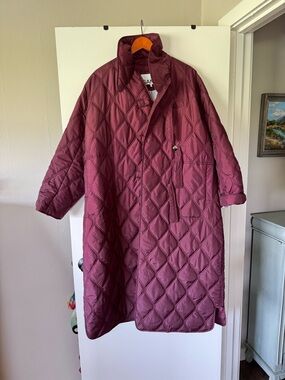 Ganni Quilted Diamond-Pattern Long Puffer Coat in Burgundy